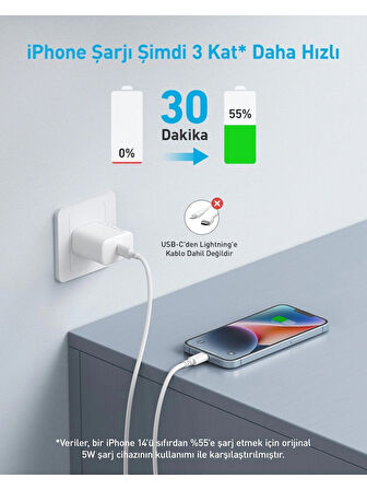 (OUTLET) Anker 20W USB-C Şarj Cihazı - iPhone & Android ile Uyumlu Type-C Hızlı Şarj Adaptörü- A2347 - Beyaz (Anker Türkiye Garantili)