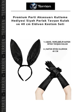 Premium Parti Aksesuarı Kutlama Hediyesi Siyah Parlak Tavşan Kulak ve 40 cm Eldiven Kostüm Seti