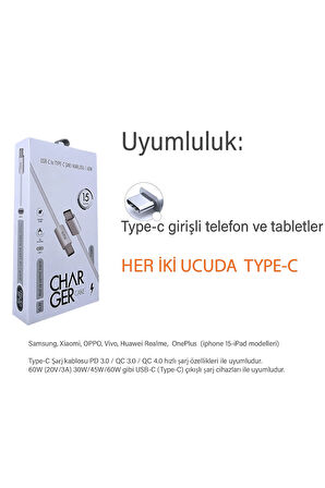 Samsung A53 A54 A55 A72 A73 Hızlı Şarj Kablosu Type-C to Type-C Şarj Kablosu 60W