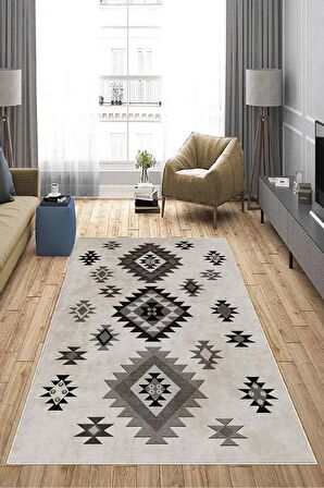 Bej-Gri Deko Deri Kaymaz Taban Modern Salon Saçaksız Halı A134