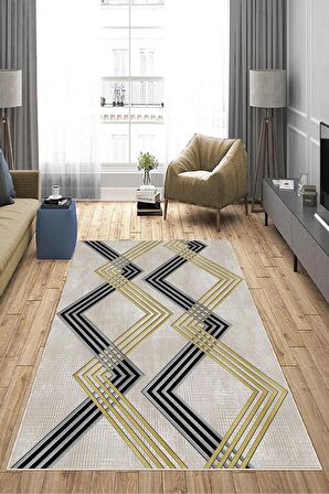 Krem Deko Deri Kaymaz Taban Modern Salon Saçaksız Halı A168
