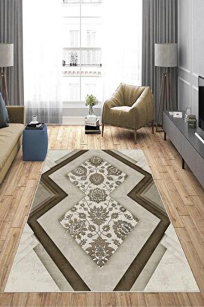 Kahverengi Deko Deri Kaymaz Taban Modern Salon Saçaksız Halı A180
