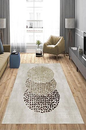 Krem Deko Deri Kaymaz Taban Modern Salon Saçaksız Halı A219