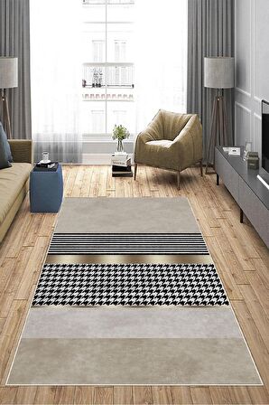 Krem Deko Deri Kaymaz Taban Modern Salon Saçaksız Halı A237