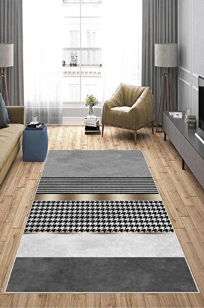 Gri Deko Deri Kaymaz Taban Modern Salon Saçaksız Halı A239