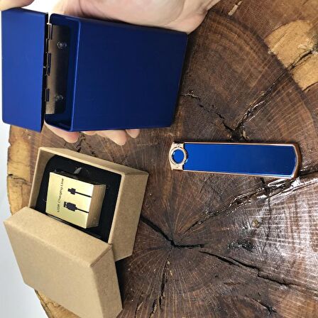 İsme Özel USB ALEVSİZ ŞARJLI ÇAKMAK VE METAL SLİM TABAKA SETİ