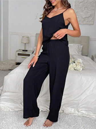 Askılı Ultra Soft Viskon Siyah Pijama Takımı