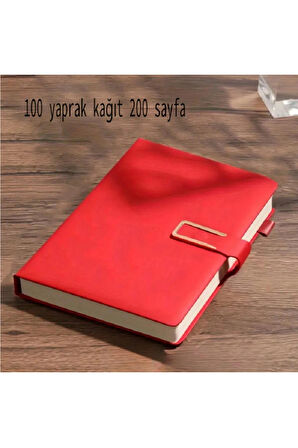 A5 Suni Deri Ciltli Defter - Gündelik Ajanda - Manyetik Kilitli, Kırmızı Çizgili