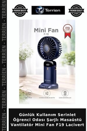 Günlük Kullanım Serinlet Öğrenci Odası Şarjlı Masaüstü Vantilatör Mini Fan F19 Lacivert