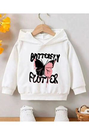 Beyaz Butterfly Fuutter Baskılı Kız/Erkek Çocuk Kapüşonlu