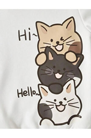 Hello Kediler Baskılı Kız/Erkek Çocuk Kapuşonlu Yaka Sweatshirt