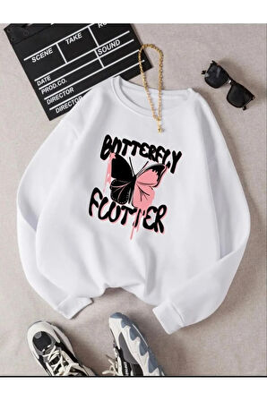 Beyaz Siyah Pembe Kelebek Butterfly Flutter Baskılı Bisiklet Yaka Kız/Erkek Çocuk