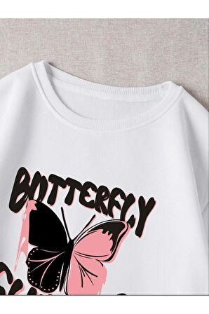 Beyaz Siyah Pembe Kelebek Butterfly Flutter Baskılı Bisiklet Yaka Kız/Erkek Çocuk