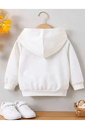 Beyaz Geometrik Panda Baskılı unisex Çocuk Kapüşonlu