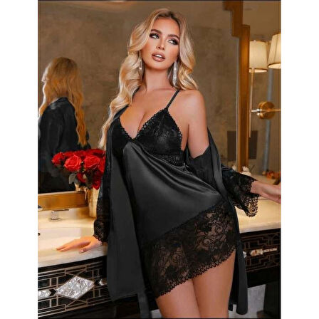 MARSiLYAN- Siyah Dantel İşlemeli İnce Askılı 2'li Saten Gecelik Sabahlık Takımı