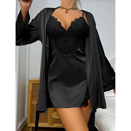 MARSiLYAN- Dantel İşlemeli İnce Askılı Siyah 2'li Saten Gecelik Sabahlık Takımı