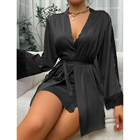 MARSiLYAN- Dantel İşlemeli İnce Askılı Siyah 2'li Saten Gecelik Sabahlık Takımı