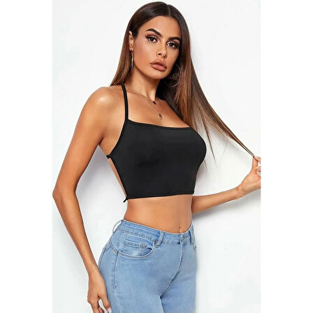 Kadın Sırtı Açık Siyah Belden Bağlamalı Crop Büstiyer