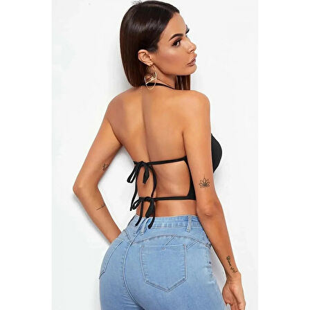 Kadın Sırtı Açık Siyah Belden Bağlamalı Crop Büstiyer