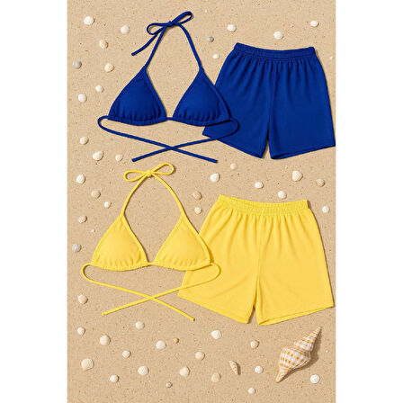MARSiLYAN- Kadın Sarı ve Mavi Şortlu Belden ve Boyundan Bağlamalı Bikini Takımı