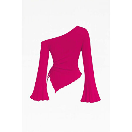 MARSiLYAN- Kadın Fuşya Uzun İspanyol Kollu Asimetirik Yaka Yandan Bağlamalı Drapeli Bluz