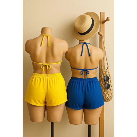 MARSiLYAN- Kadın Sarı ve Mavi Şortlu Belden ve Boyundan Bağlamalı Bikini Takımı
