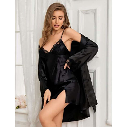 Siyah Dantel İşlemeli İnce Askılı Yırtmaçlı 2'li Saten Gecelik Sabahlık Takımı