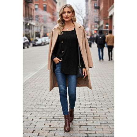 MARSiLYAN- Kadın Uzun Kollu Düğmeli Mevsimlik Bluz – Yumuşak Dokulu, Esnek ve Sıcak Tutan Kumaş