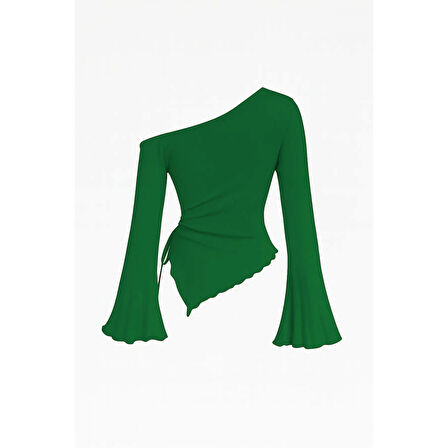 MARSiLYAN- Kadın Yeşil Uzun İspanyol Kollu Asimetirik Yaka Yandan Bağlamalı Drapeli Bluz