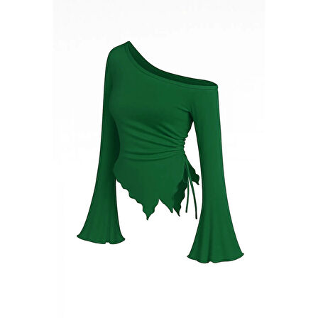 MARSiLYAN- Kadın Yeşil Uzun İspanyol Kollu Asimetirik Yaka Yandan Bağlamalı Drapeli Bluz