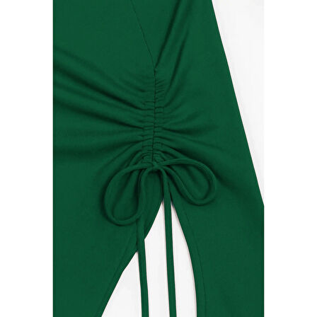 MARSiLYAN- Kadın Yeşil Uzun İspanyol Kollu Asimetirik Yaka Yandan Bağlamalı Drapeli Bluz