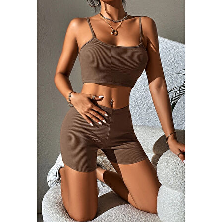 Kadın Kahverengi Şortlu Kaşkorse Gecelik Takım