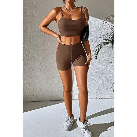 Kadın Kahverengi Şortlu Kaşkorse Gecelik Takım