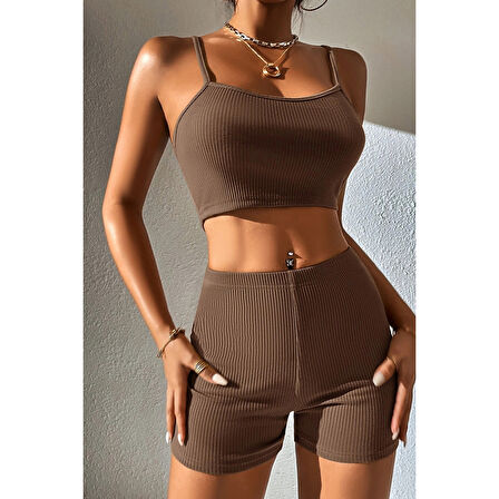 Kadın Kahverengi Şortlu Kaşkorse Gecelik Takım