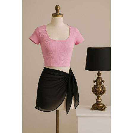 Kadın Pembe Yarım Kol Crop Ve Siyah Pareo 2'li Set