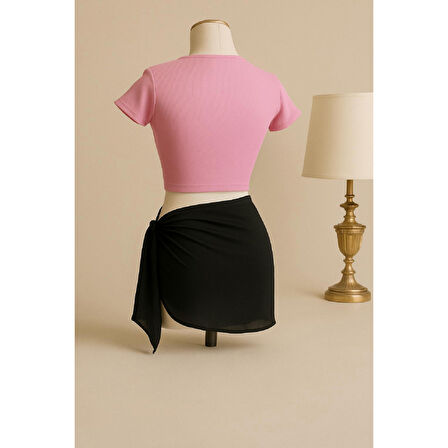 Kadın Pembe Yarım Kol Crop Ve Siyah Pareo 2'li Set