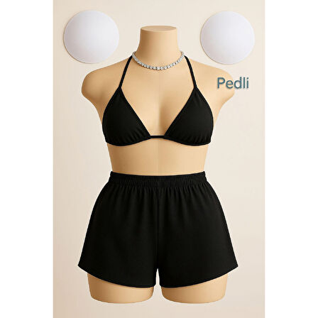 Kadın Siyah Şortlu Belden Ve Boyundan Bağlamalı Bikini Takımı