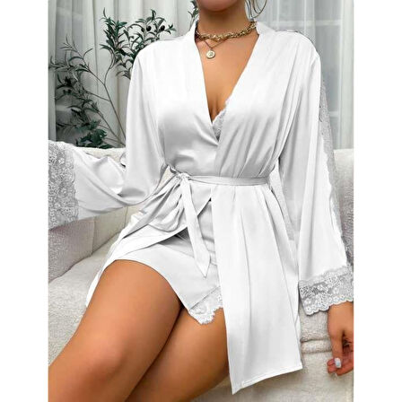 MARSiLYAN- Dantel İşlemeli İnce Askılı Beyaz 2'li Saten Gecelik Sabahlık Takımı