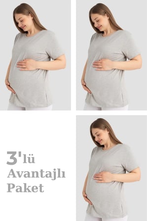 Özel Üretim Rahat Kıyafet Sade Tarz Doğum Sonrası Pamuklu Kısa Kollu Hamile Tişört Gri 3'lü Paket