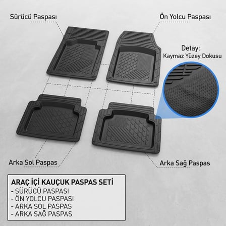 Premium Otomobil Zemin Koruma Oto İç Tabanlık Araç İçi Paspas Seti - 4'lü Set - Kauçuk