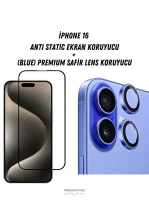 iPhone 16 Uyumlu Anti Static Ekran Koruyucu ve Safir Premium Lens Koruyucu