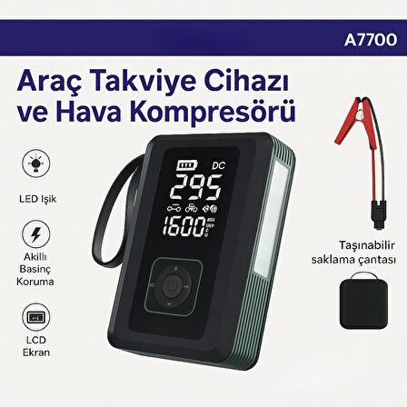 4’ü 1 Arada Akü Takviye Cihazı, Hava Kompresörü, Powerbank ve LED Işıklı Pompa