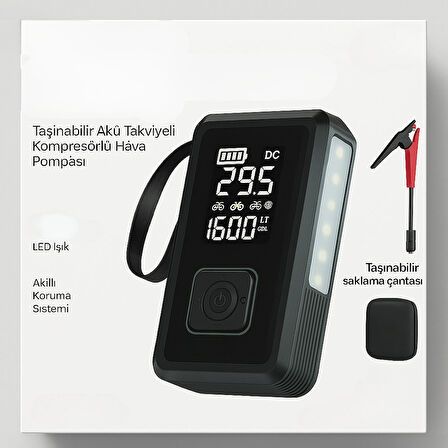 4’ü 1 Arada Akü Takviye Cihazı, Hava Kompresörü, Powerbank ve LED Işıklı Pompa