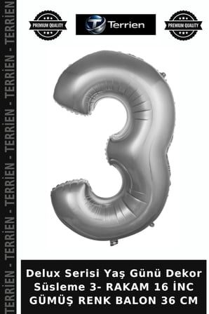 Delux Serisi Yaş Günü Dekor Süsleme 3- RAKAM 16 İNC GÜMÜŞ RENK BALON 36 CM