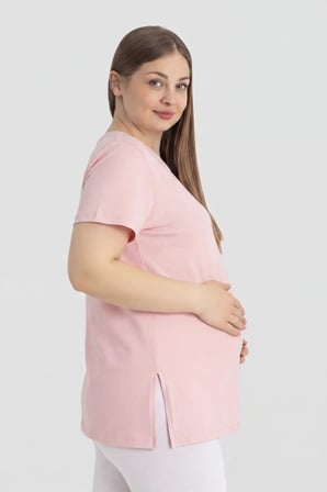Premium Giyim Temel Parça Uyumlu Stil Pamuklu Likralı Pembe Kısa Kollu Hamile Tişört