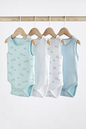 Next Baby Pamuklu Beyaz Mavi Fil Desenli 4' lü Body Zıbın Set