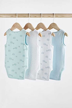 Next Baby Pamuklu Beyaz Mavi Fil Desenli 4' lü Body Zıbın Set