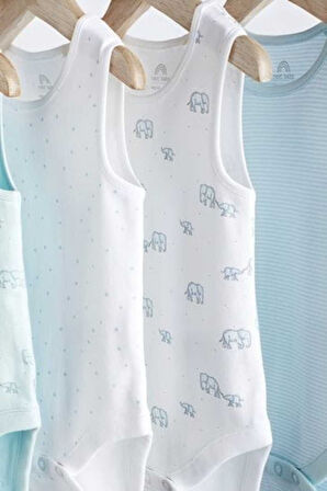 Next Baby Pamuklu Beyaz Mavi Fil Desenli 4' lü Body Zıbın Set