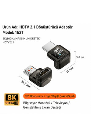 HDMI 2.1 Adaptör Serisi 8K 60Hz | 90° Açılı, L Tipi, U Tipi, Erkek-Dişi ve Dişi-Dişi Dönüştürücü