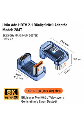 HDMI 2.1 Adaptör Serisi 8K 60Hz | 90° Açılı, L Tipi, U Tipi, Erkek-Dişi ve Dişi-Dişi Dönüştürücü